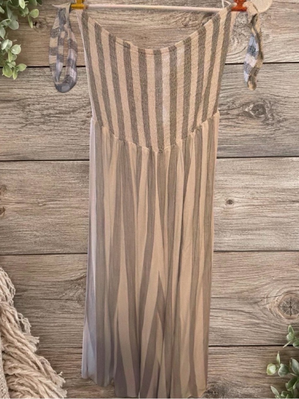 Skylar + Madison Gray and Cream Striped Tie-Shoulder Maxi Jumpsuit